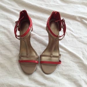 T strap sandal pumps. Bright pink and nude. Sz 7.5